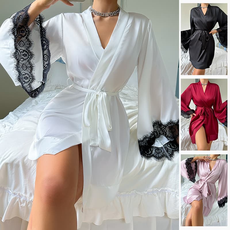 European and American Cross-border Temptation Sexy Pajamas Women Ice Silk Nightgown Bathrobe Long Sleeve Silk Lace Pajamas Home Clothes 735