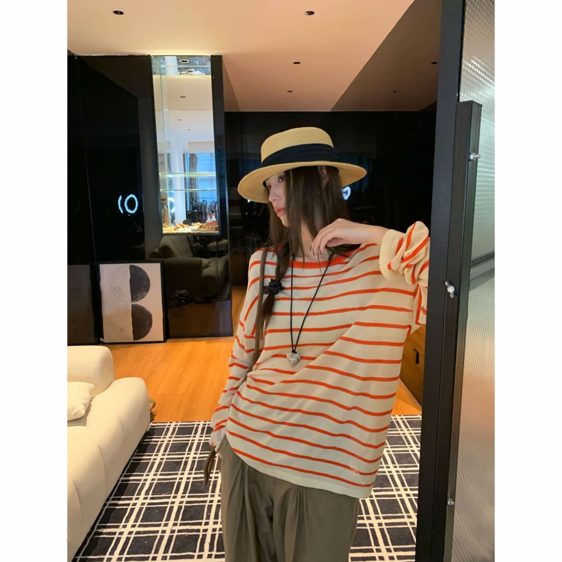 [Striped Relaxed] Designer Niche Color-Block Striped Loose Long-Sleeve Cover-Up 6325# Orange Apricot Blue Brown