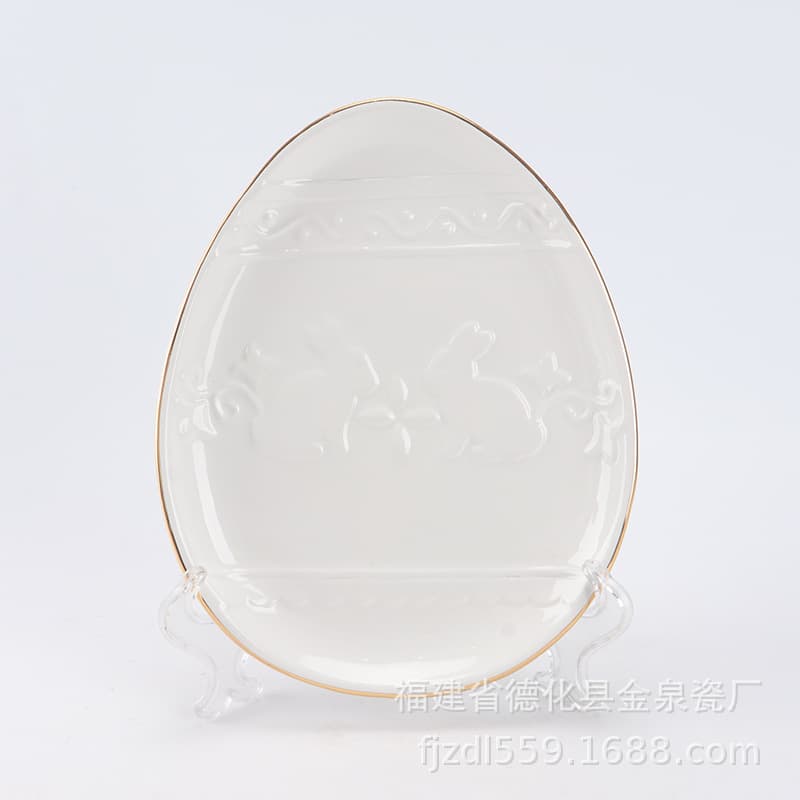 New Easter Rabbit Embossed Real Gold Plated Dinner Plate for Export Supermarket Real Gold Rabbit Ceramic Bread Plate