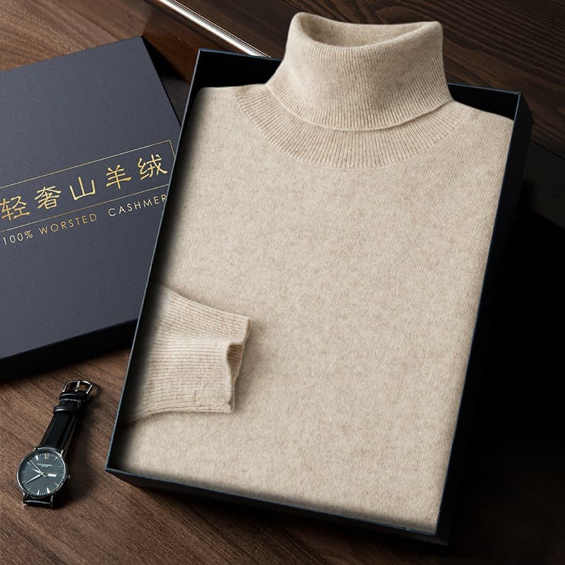New Autumn/Winter Men's Luxury High-Neck Cashmere Sweater Business Casual Plus Size Knitwear Solid Color Base Layer Cashmere Sweater