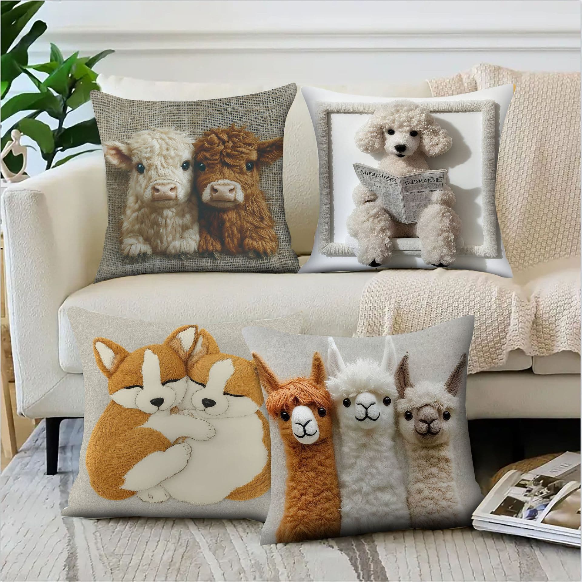 Temu new 2D puppy pattern imitation embroidery pillow covers, bohemian style sofa printed cushions wholesale