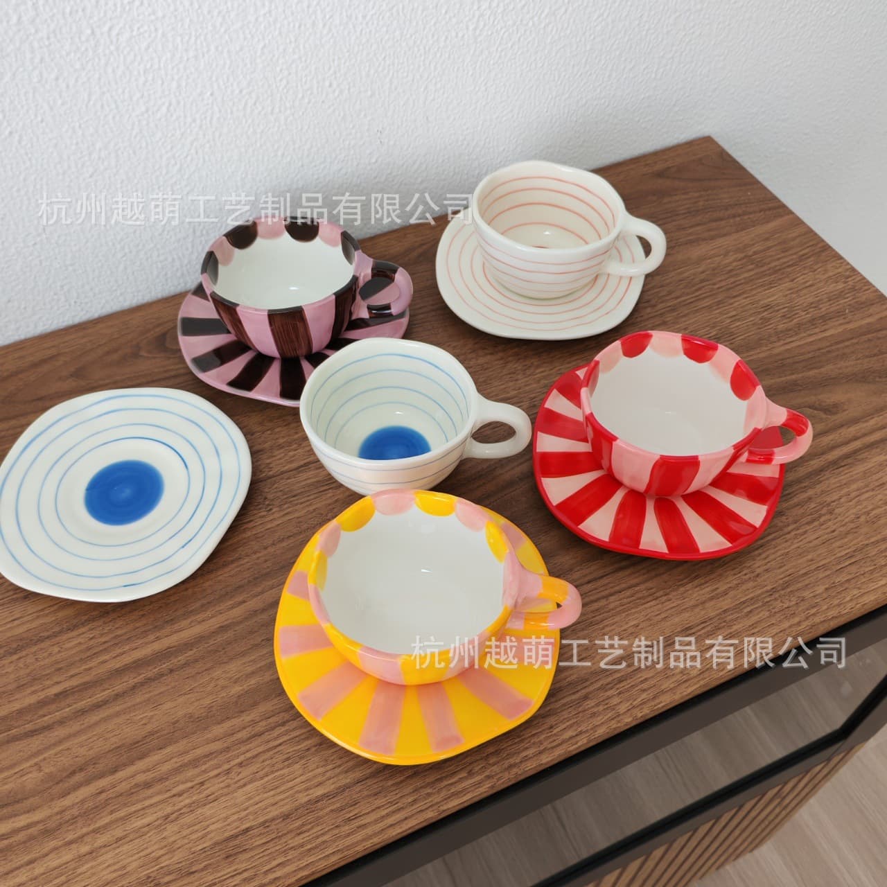 INS-style Creative Ceramic Coffee Cup and Saucer Set, Minimalist Line Underglaze Color Mug, Trendy Afternoon Tea Cup and Saucer