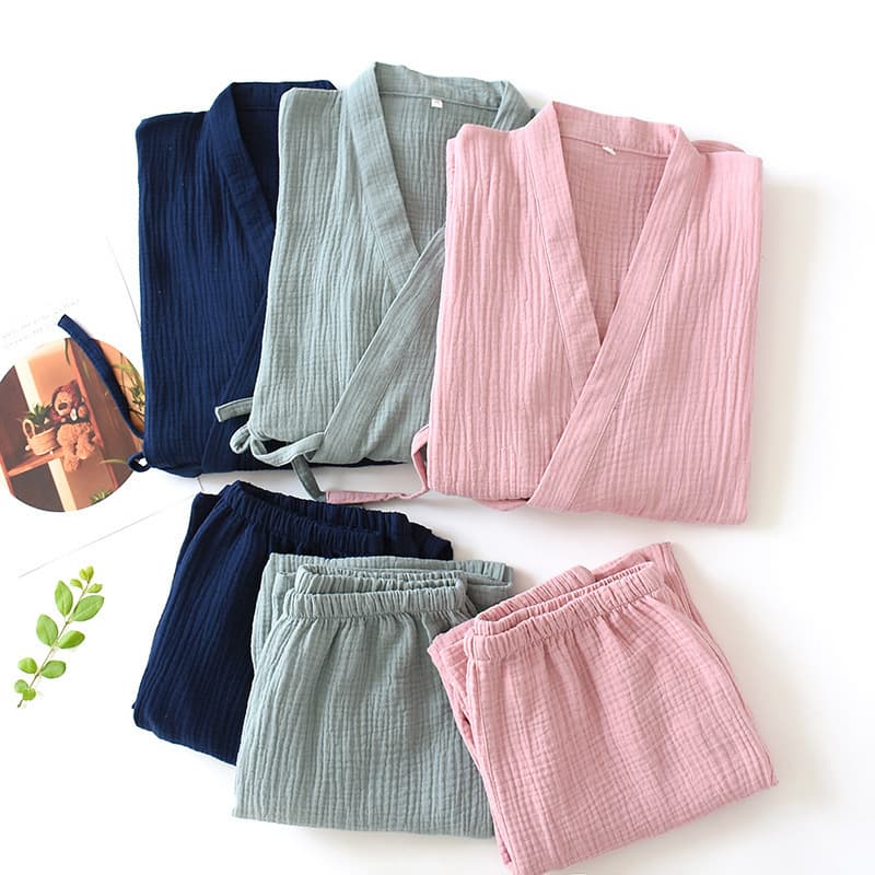 Japanese Muji-style men's pajamas, spring and autumn thickened pure cotton gauze steam room kimonos, couples homewear sets.
