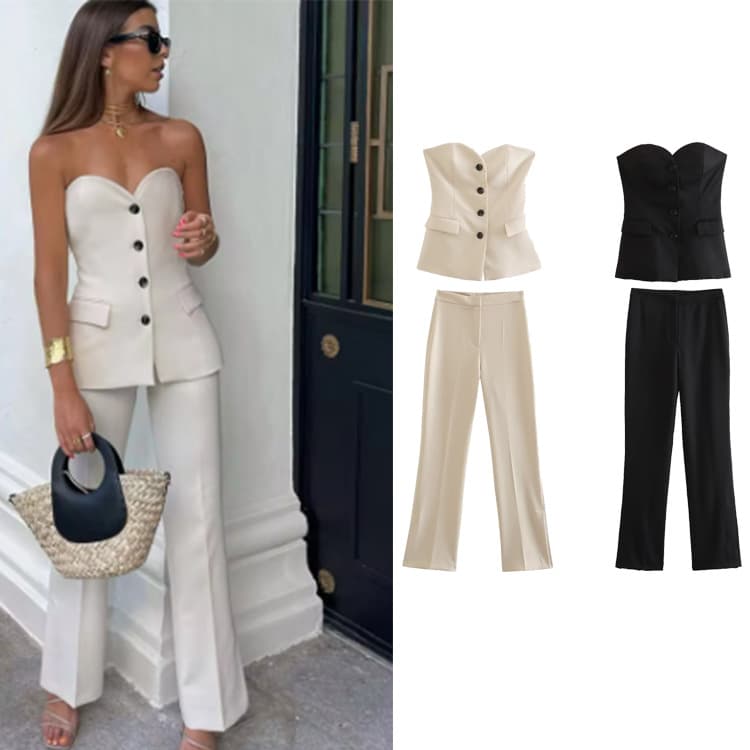 Cross-border Women's Clothing Wholesale Amazon Y2K New European and American Style Work Vest + Straight-leg Pants Y2K European and American Style