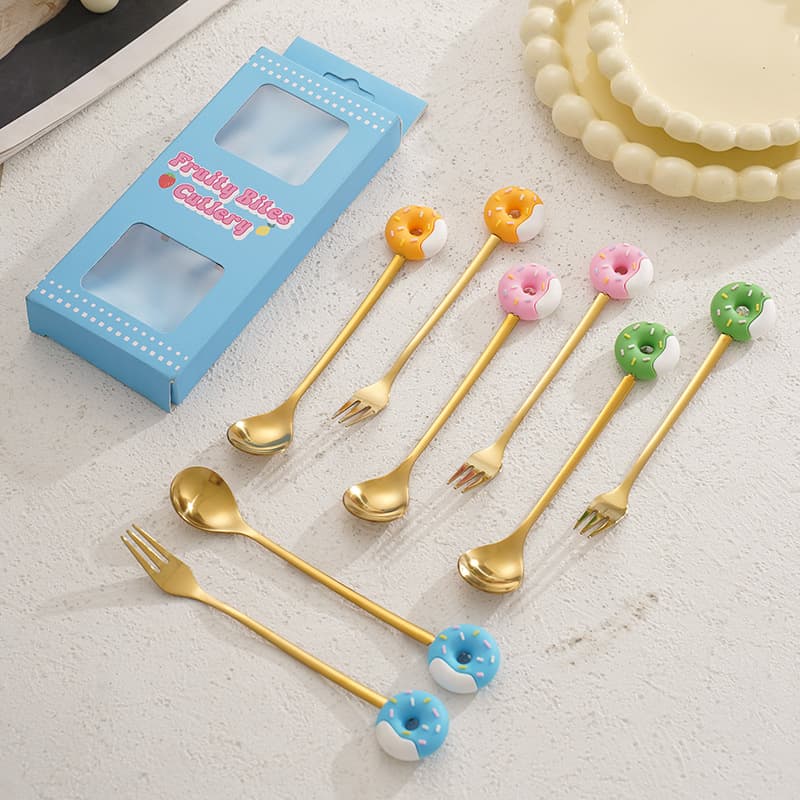 Stainless steel spoon and fork cutlery set creative macaron donut spoon and fork set coffee spoon dessert spoon