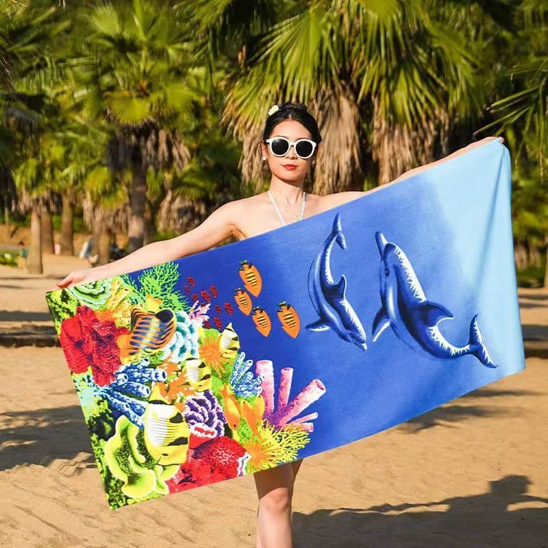 Factory Source Customizable Print Quick-Dry Beach Towel Double-Sided Velvet Palm Tree Dolphin Beach Swimming Absorbent Large Bath Towel