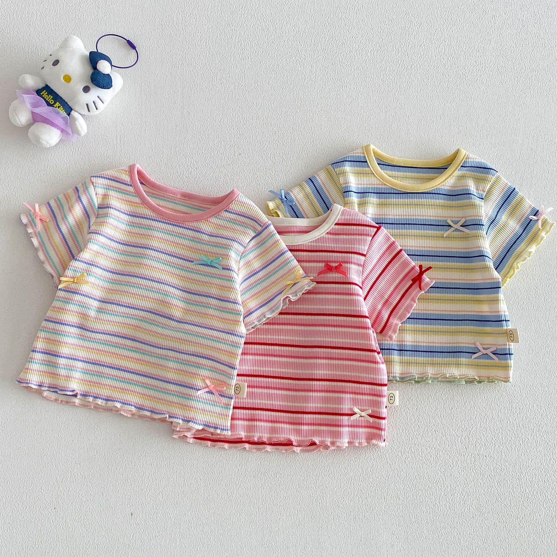 Girls' Cute Short-Sleeved T-Shirt 2026 New Summer Baby Korean Style Contrasting Color Striped Bottoming Shirt Children's Summer Fashion Trend