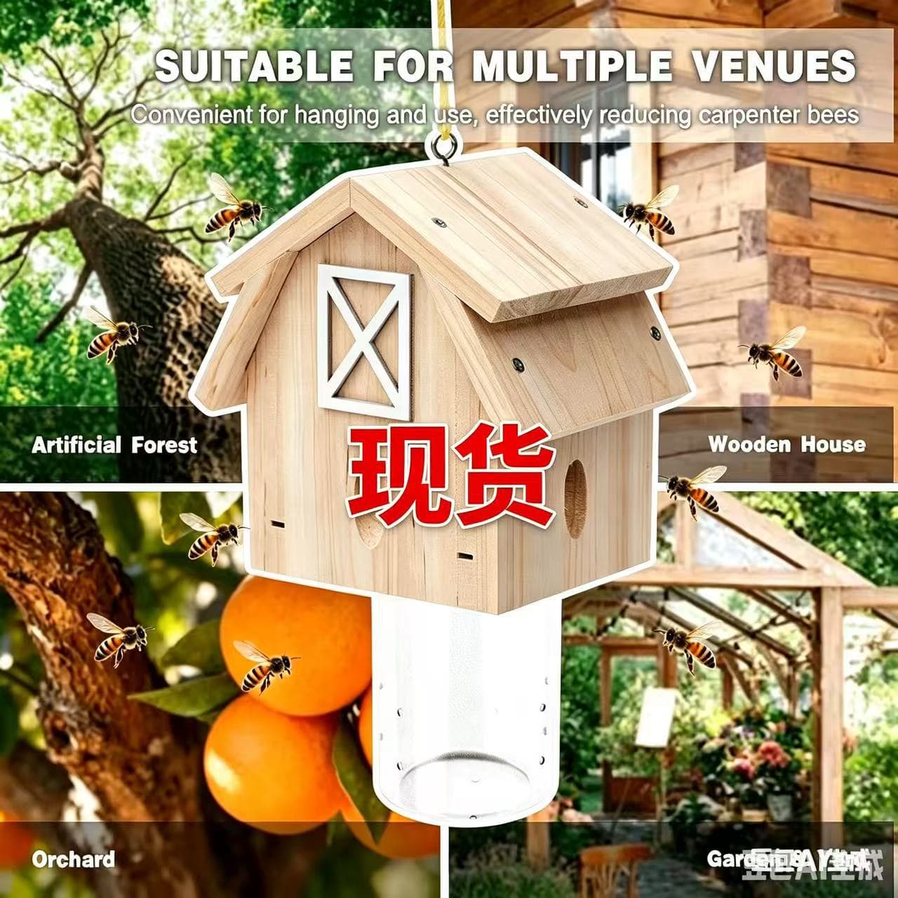 Wooden Bee House Outdoor Hanging Insect Trap Garden Beehive Small House-Shaped Trap House