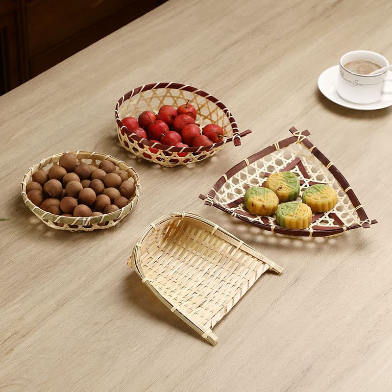 Creative Handwoven Bamboo Trays for Dried Fruits, Fruit Baskets, Tea Snack Plates, and Round Winnowing Storage Baskets