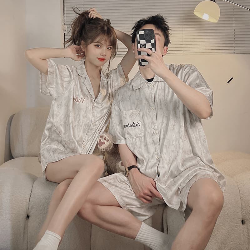 Couple Pajamas Women's Ice Silk Summer Short-Sleeved High-End Plus Size Men's Cool Outer-Wearing Summer Home Clothes Suit