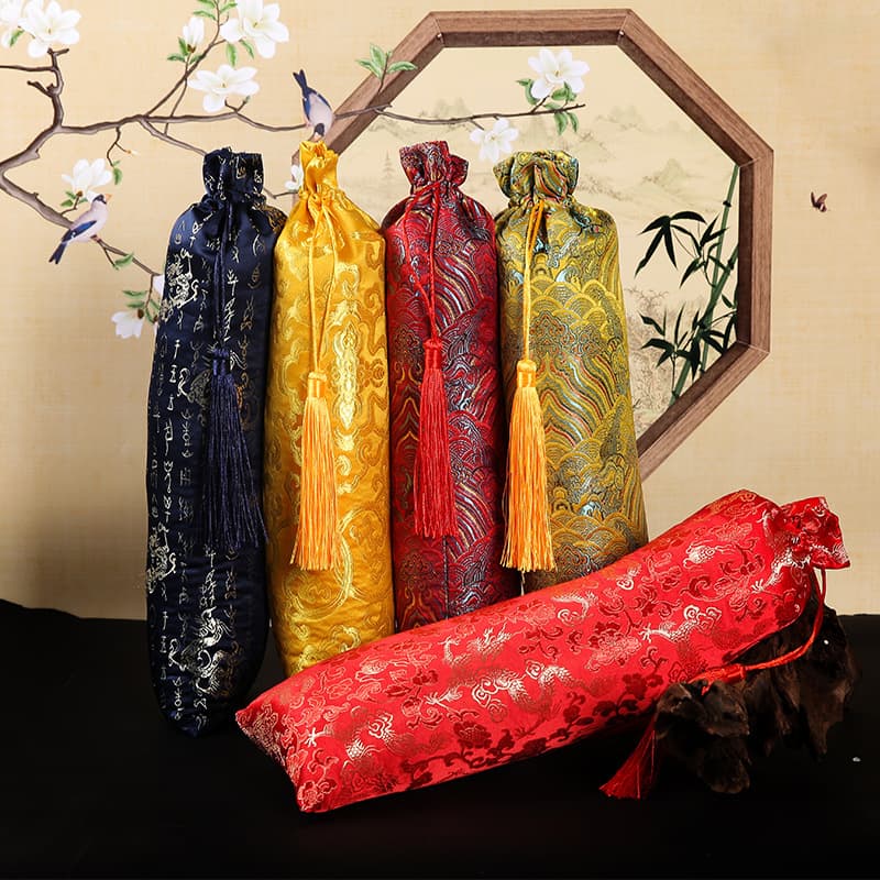 Chinese style classical calligraphy and painting scroll storage dustproof bag red yellow tassel pendant diy long packaging bag