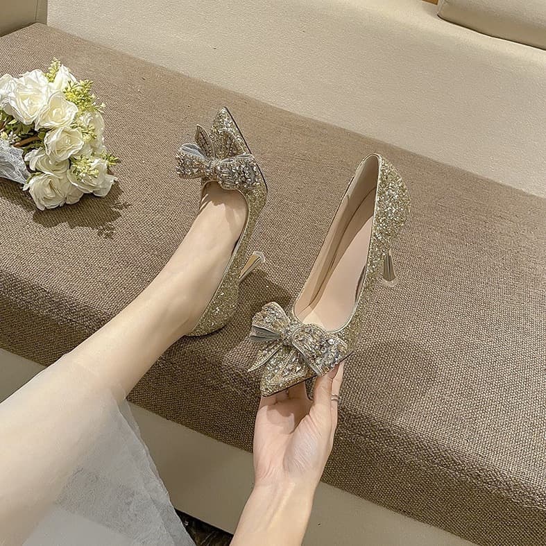 316-A97 New Style High Heel Women's Thin Heel Rhinestone Butterfly Bridesmaid Crystal Shoes Wedding Bride Shoes French Style Pumps