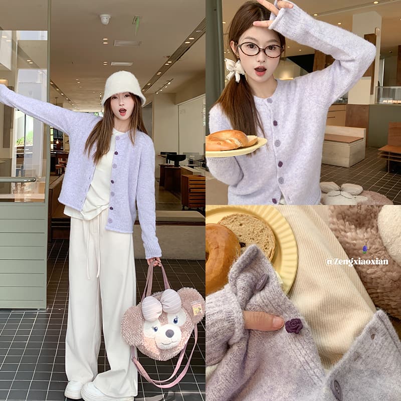 Zeng Xiaoxian's early autumn outfit: Korean style purple sweater cardigan for women, perfect for petite women, suitable for autumn wear.