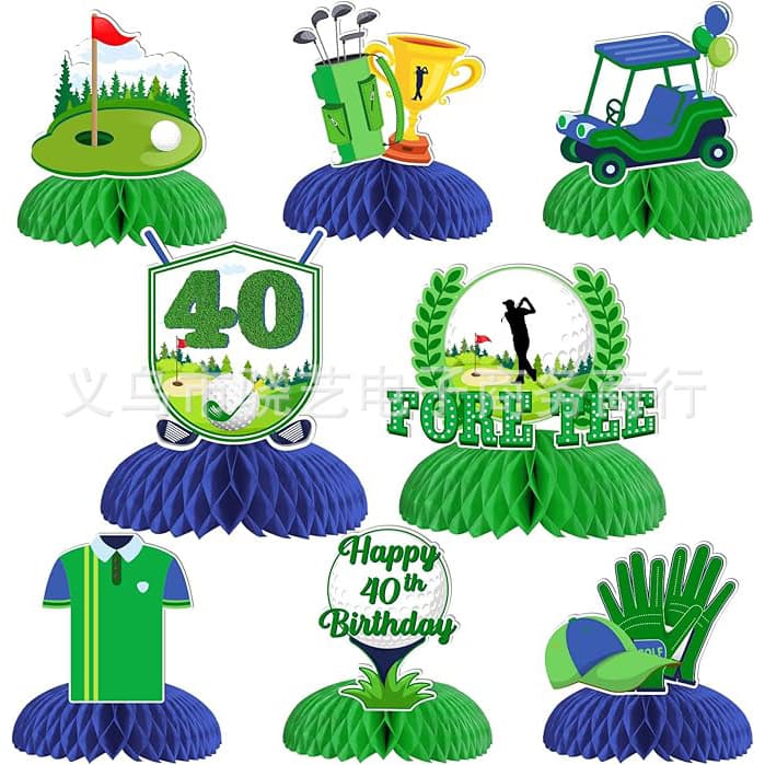 8-Piece Golf 40th Birthday Honeycomb Decoration Set, Golf Theme Tabletop Decor, Birthday Party