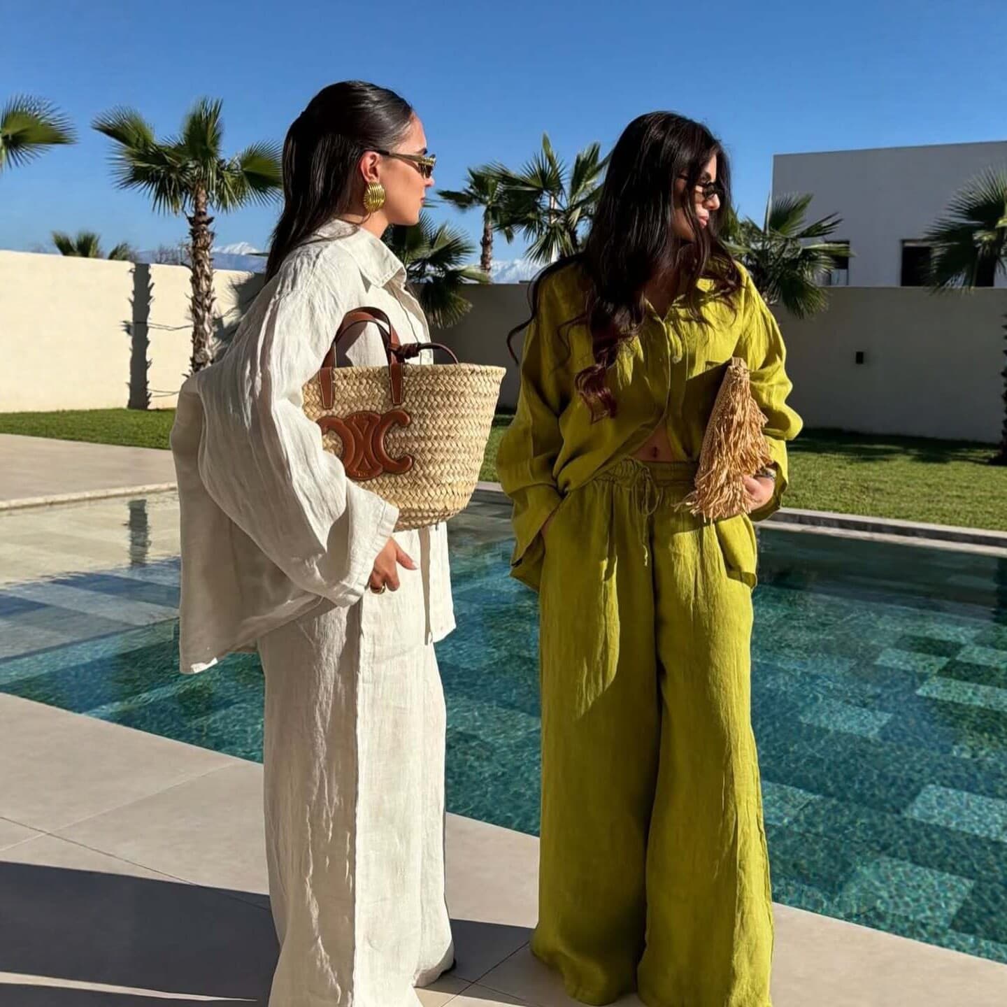 Vacation Style Cotton Linen Set Women 2026 New Loose Shirt Wide-Leg Pants Two-Piece Fashion Casual Long Sleeve Set