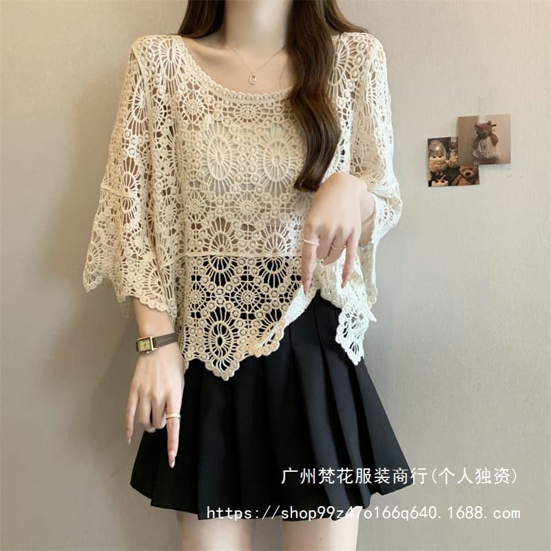 Bohemian Style plus size Crochet Knitwear Women's Loose Pullover Blouse Hollow All-match Lace Top for Summer