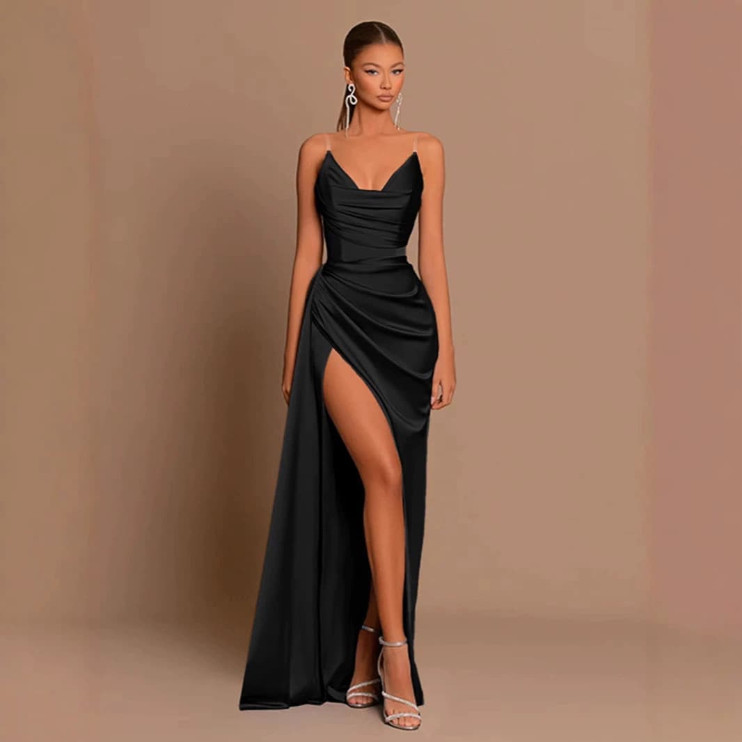 2025 new style lady style sexy slim fit deep V waist satin slit transparent shoulder strap suspender dress