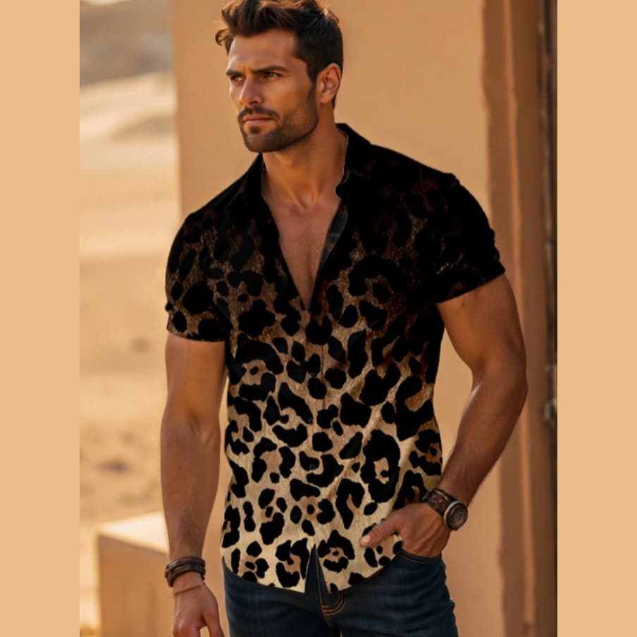 Men's Short Sleeve Shirt Cross-Border Summer Shirt New European and American Four-Way Stretch Leopard Print Gradient Shirt for Men