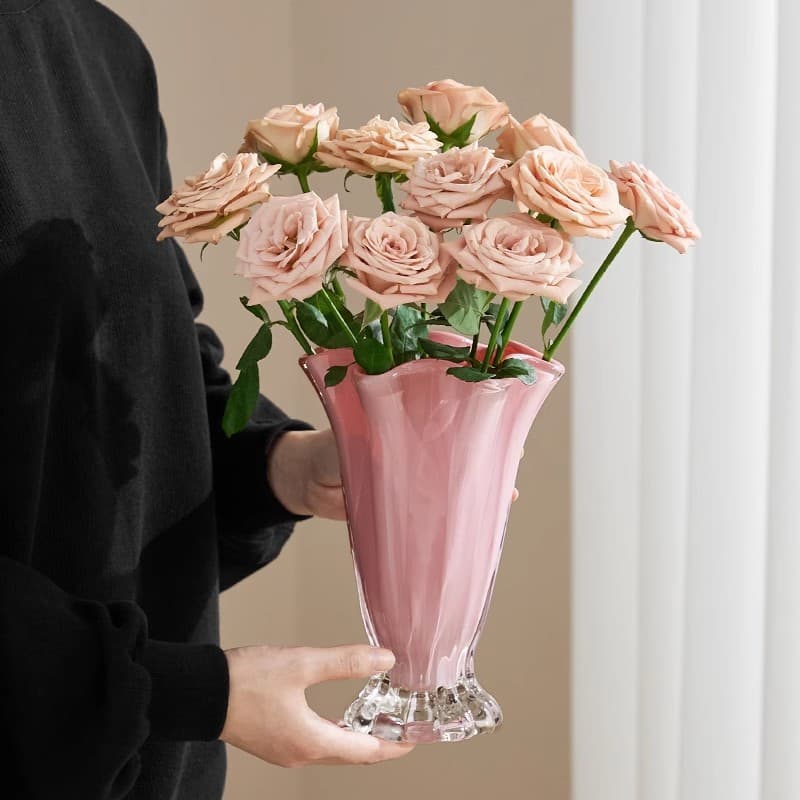 Luxury Petal Glass Vase, French Ins Style Decorative Flower Vase for Living Room, Fresh Flower Arrangement Table Decor