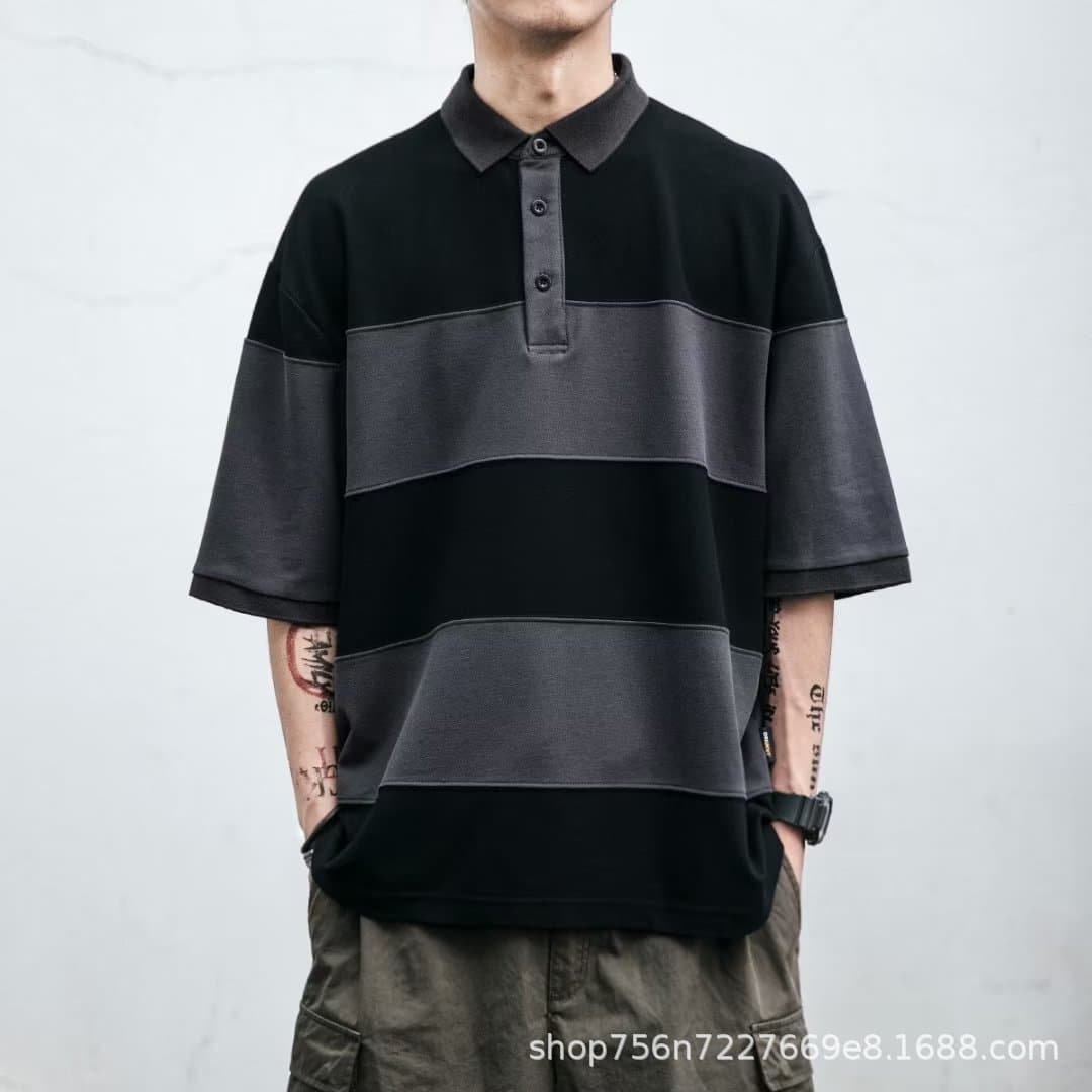 Japanese retro trendy brand striped POLO shirt men's short-sleeved summer loose couple lapel half-sleeved cotton Paul shirt trendy
