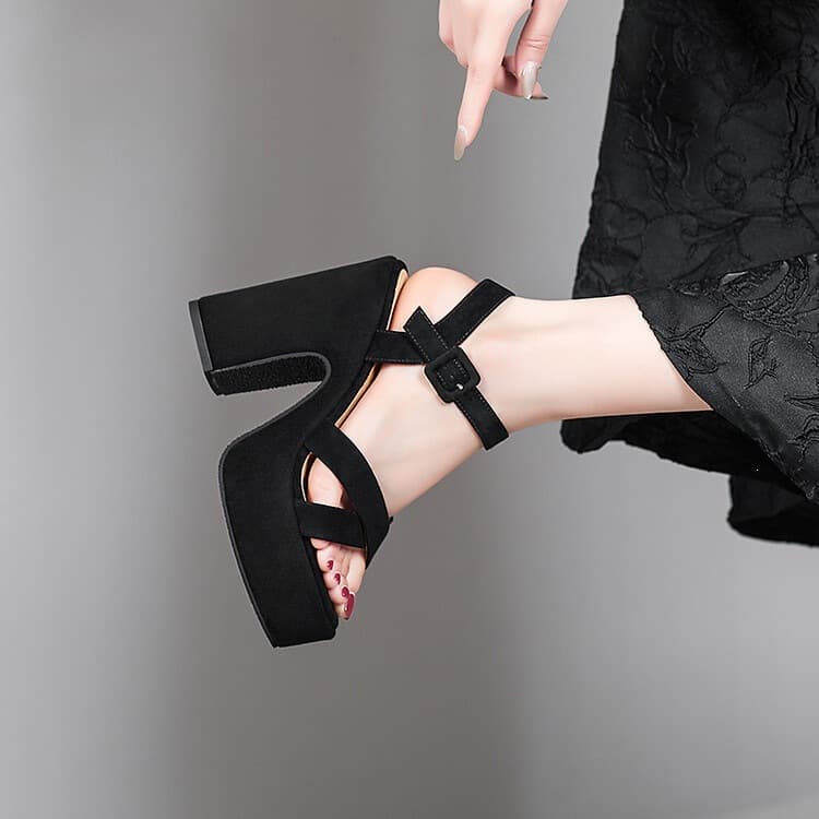 Fashionable Genuine Leather Roman Sandals with Chunky Heel and Platform, Black Suede and Black Sheepskin, Open-Toe High Heel Women's Shoes