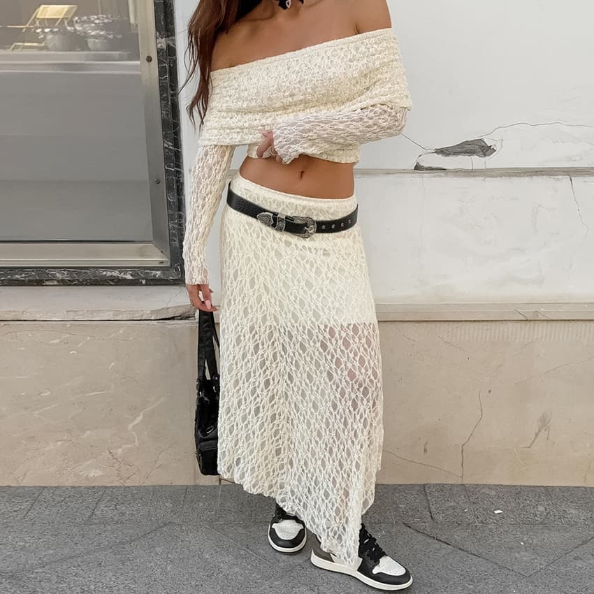 Sexy Lace Lazy Style Brocade Lace Skirt Set 2024 European and American Autumn Fashion Off-Shoulder New Arrival