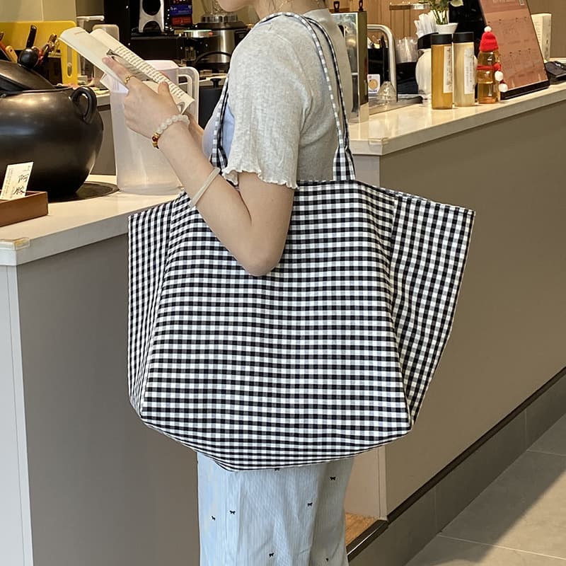Simple Checkered Canvas Bag Original Niche Versatile Commute Large Capacity Tote Bag Student Class Hand Carry Shoulder Bag