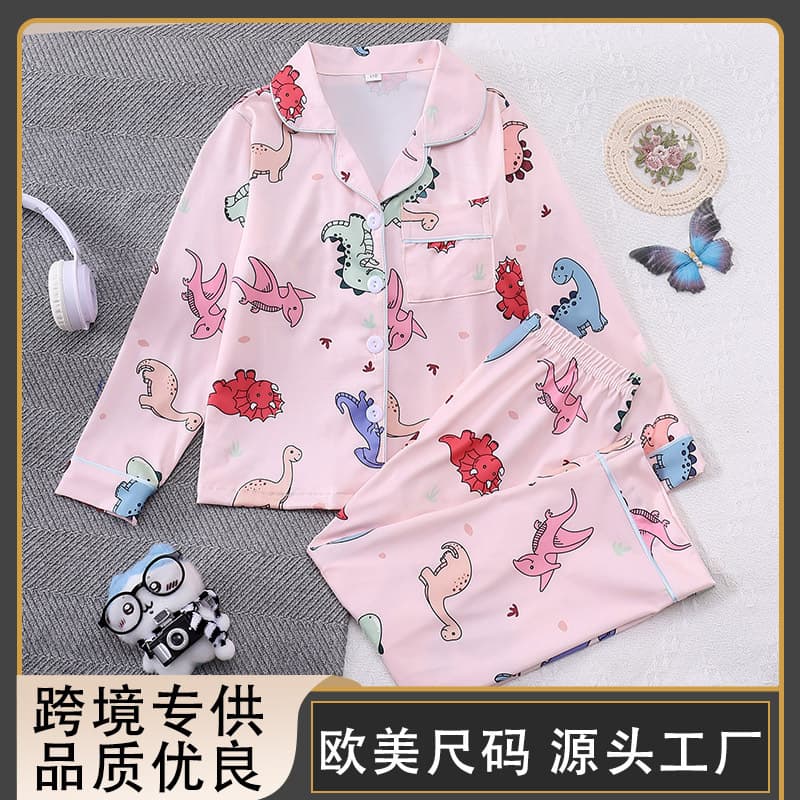 [European and American cross-border] Long-sleeved long pants girls home clothes foreign trade exclusive cartoon dinosaur print children's pajamas for women