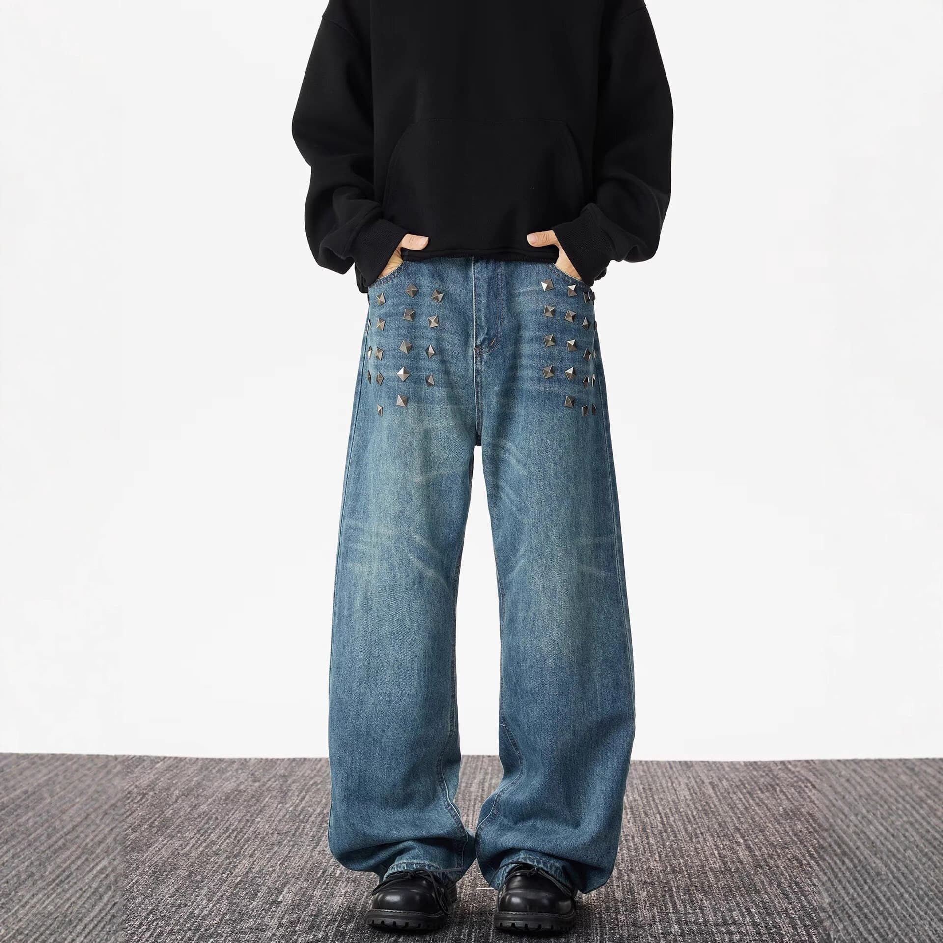Personalized street American retro high-waist washed jeans autumn trend rivet design wide-leg trousers trendy
