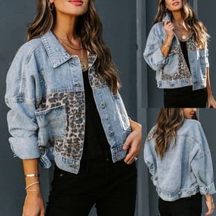 Cross-Border Fall/Winter New Style Amazon Denim Jacket for Women, Long Sleeve, Independent Station European and American Style, Leopard Print Patchwork Top