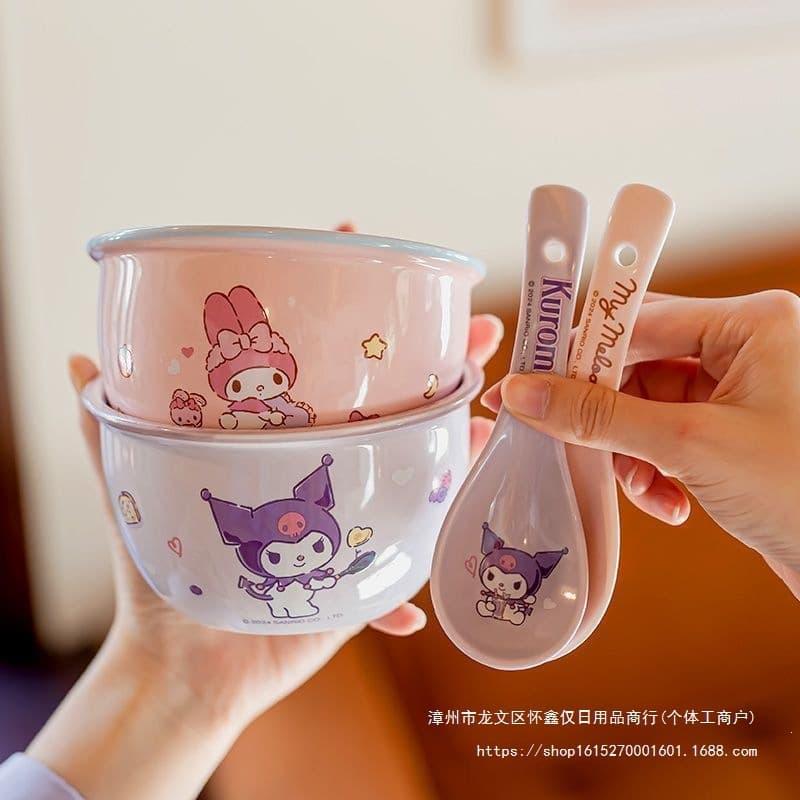 Sanrio Children's Household Ceramic Tableware Set - Single Serving Rice Bowl with Beautiful Bowl and Spoon Set