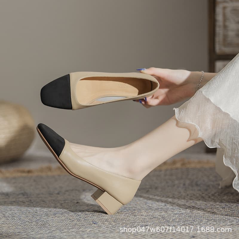 U5588 Chunky Heel Flats Women's Glossy 2025 New Color-Block Square Toe 3. CM Heel, High Casual Popular Women's Shoes