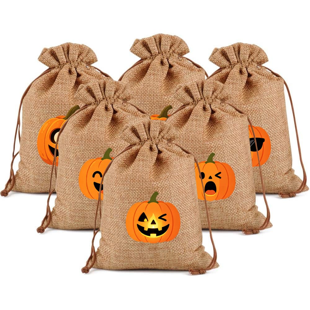 Halloween Pumpkin Burlap Drawstring Bag Cartoon Print Candy Storage Bag Party Trick-or-Treat Gift Bag