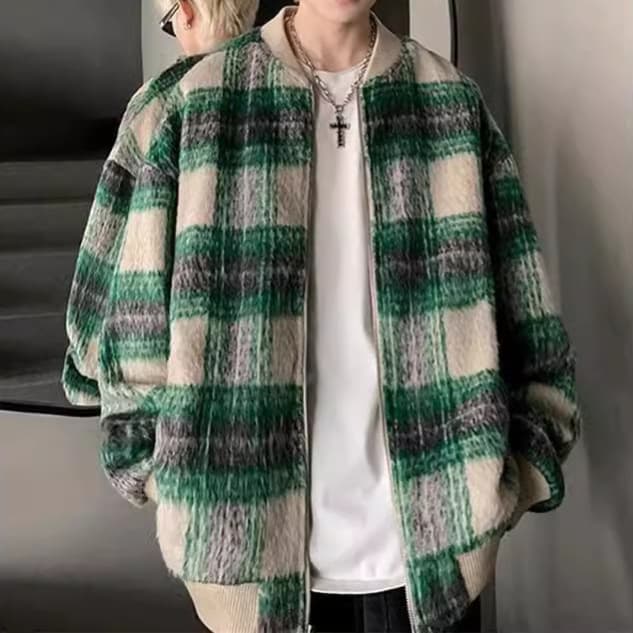2025 Vintage Plaid Wool Coat for Men Spring Autumn New Retro Trendy Jacket Loose Casual Baseball Style
