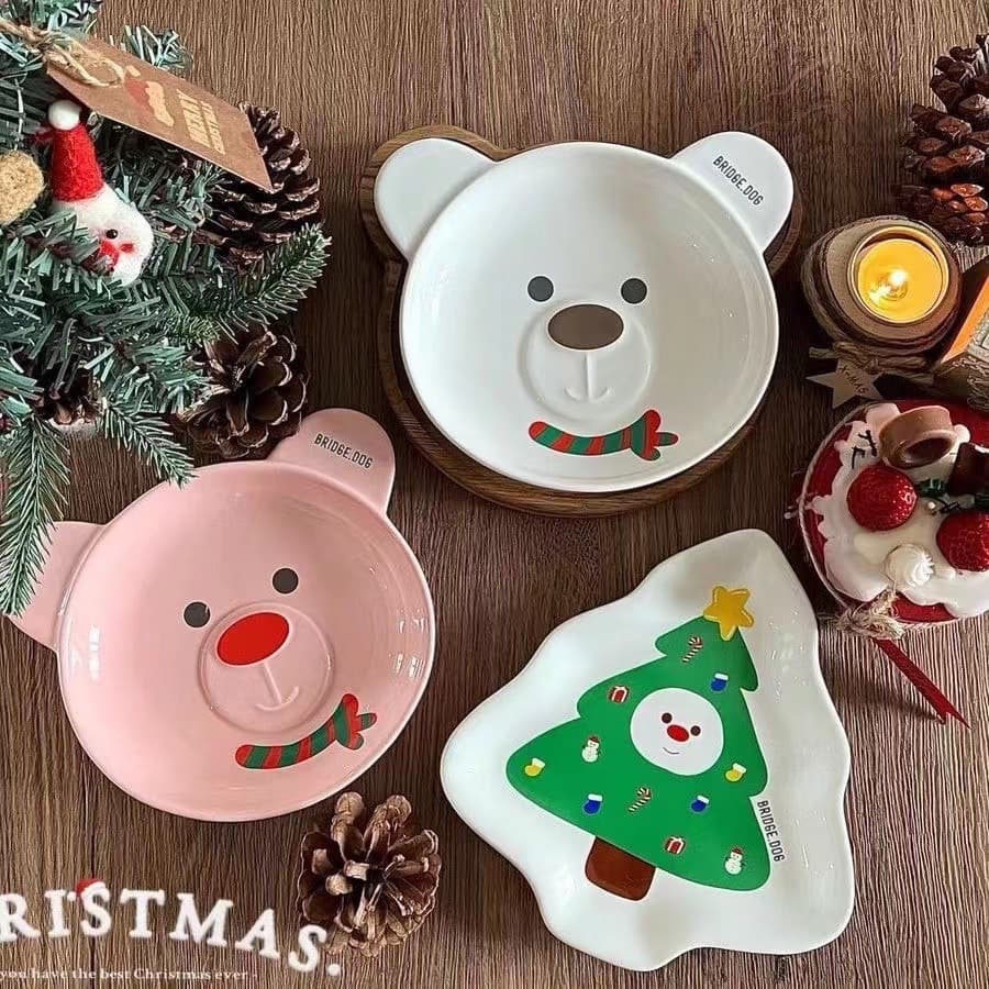 Korean Bridge Dog Ceramic Pet Bowl, Internet-Famous Cartoon Pet Bowl, Christmas Bear Cute Premium Pet Bowl