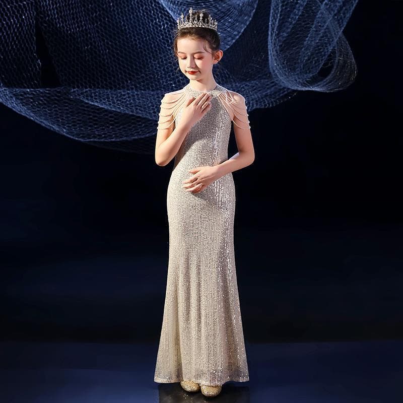 Girls fishtail evening dress French new spring flower girl catwalk piano French temperament children's dress princess style