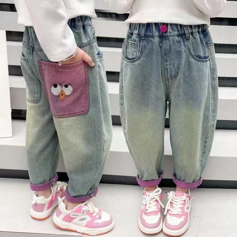Girls' Jeans 3-12 Years Kids Clothing 2024 Pants Cartoon Pattern Casual Versatile Korean Style Cartoon Jeans