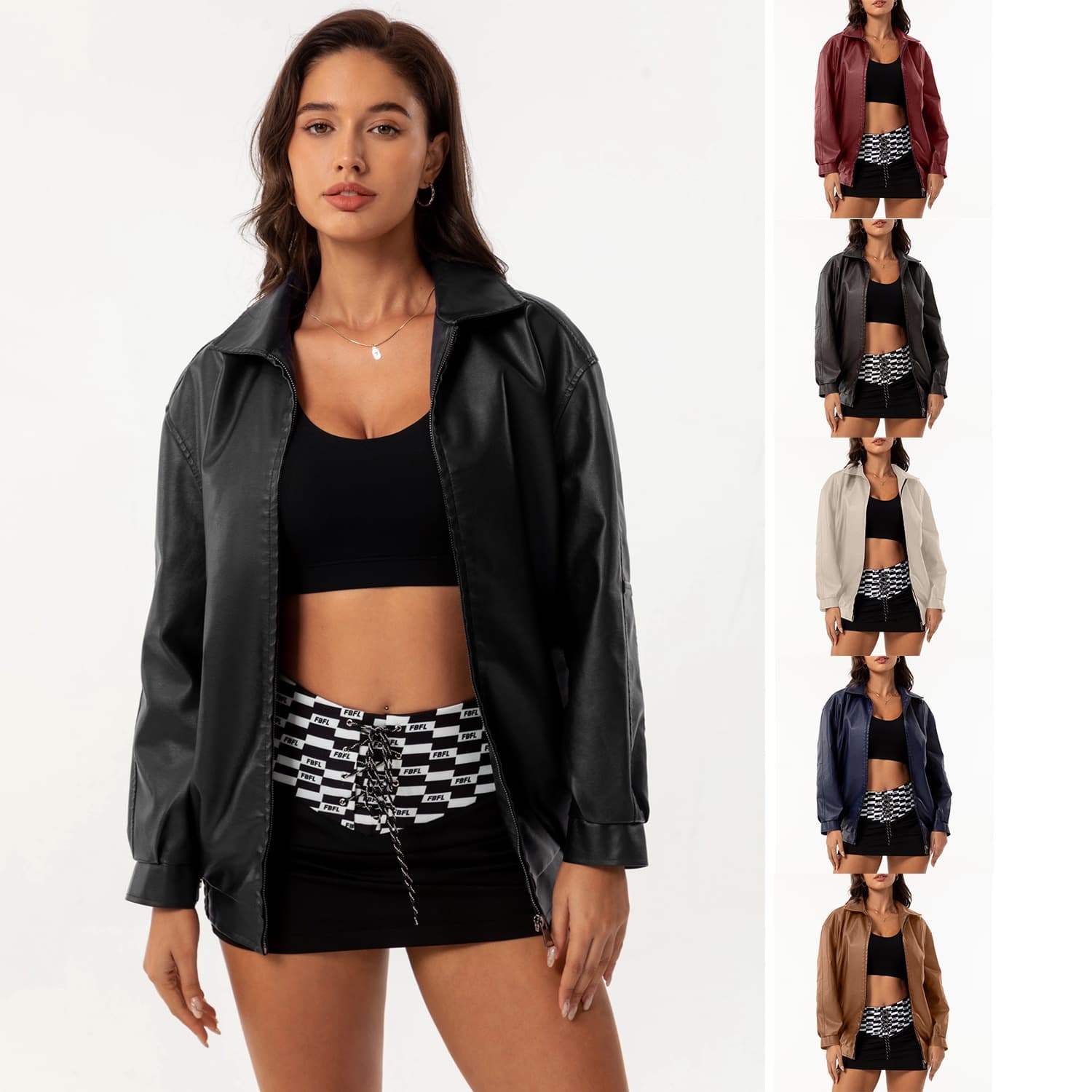2024 European and American Fashion Trend Loose Leather Jacket Women's OVERSIZE Ladies Jacket Long Sleeve Lapel Spring and Autumn Coat