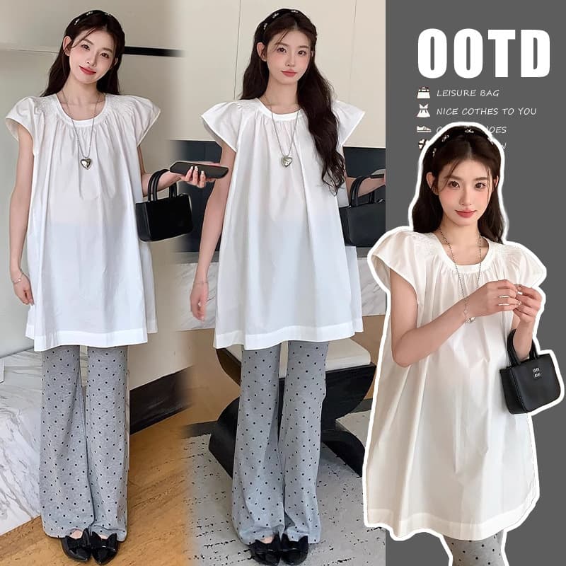 New Summer Maternity Outfit Korean Style Loose Babydoll Top + Cotton Polka Dot Pants Sweet Slimming Maternity Set