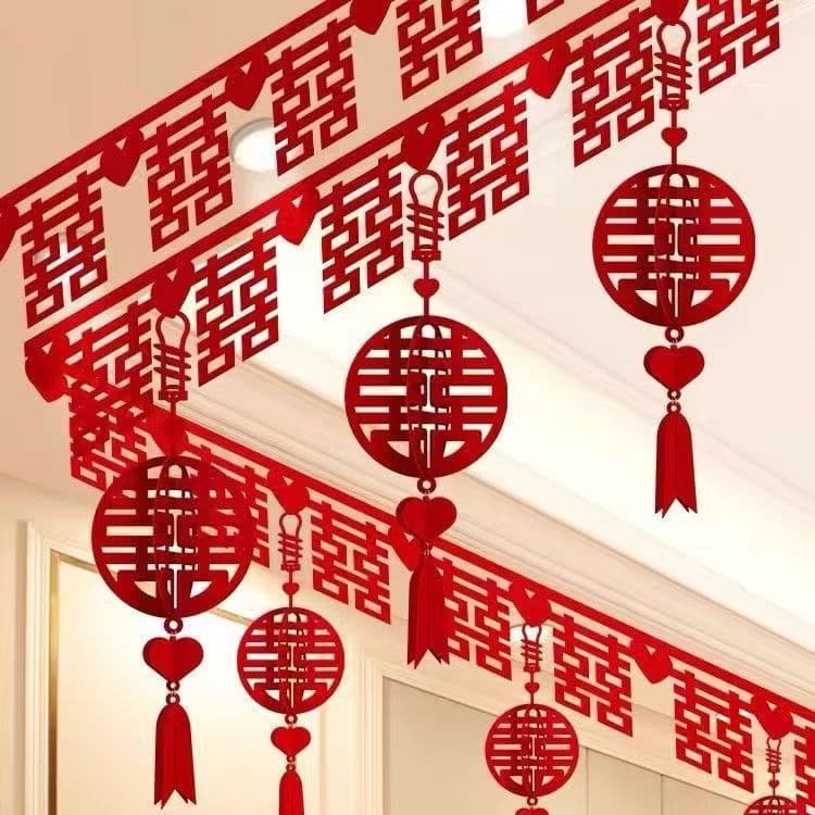 Living Room Decoration Wedding Room Setup Set for Bride and Groom, Wedding Double Happiness Character Garland, New Home Ceiling Hanging Decor