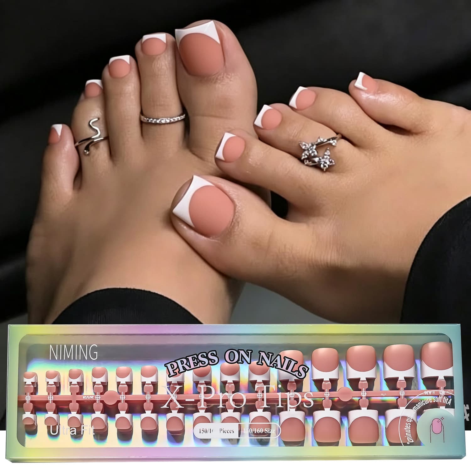 150 long boxed French toenails, nude powder, white edges, short square premade nails, removable toenails