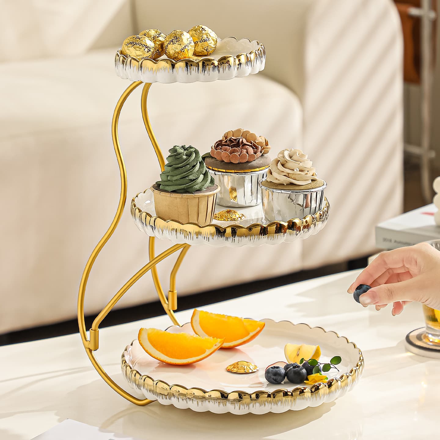 Light Luxury Three-Layer Ceramic Cake Plate Gold Edge Creative Dessert Stand Living Room Afternoon Tea Snack Fruit Tray