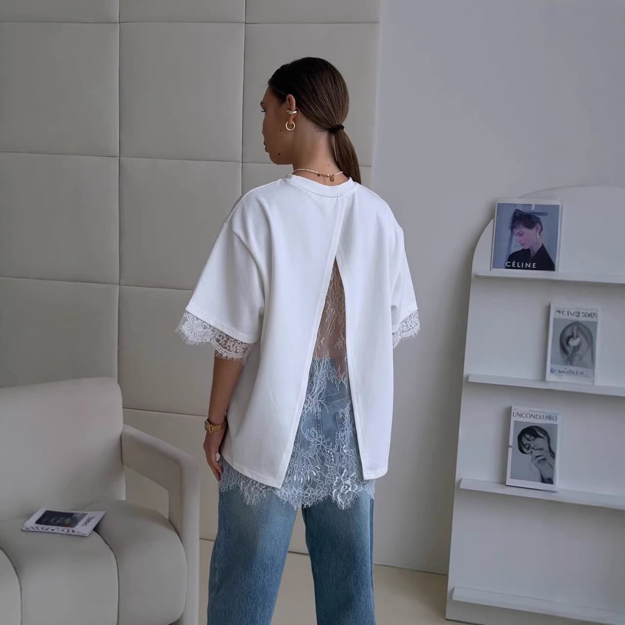 2026 Spring Lace Patch Solid Short Sleeve Top Women Lazy Style Back Slit Design Sexy T-Shirt