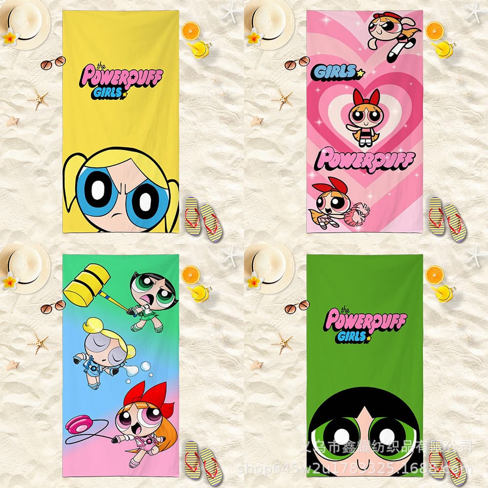 Double-sided terry cloth cartoon Powerpuff Girls microfiber beach towel, cute bathroom travel beach absorbent towel