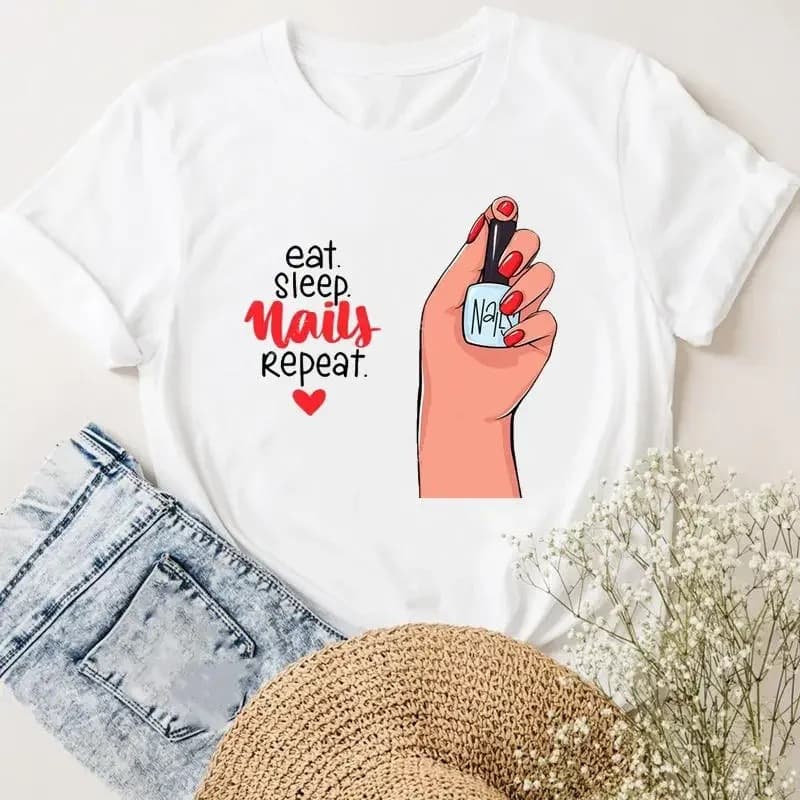 Europe and America Cross-border Foreign Trade Wholesale Women's 3D Nail Polish Round Neck Plus Size Short Sleeve T-Shirt Women's Top