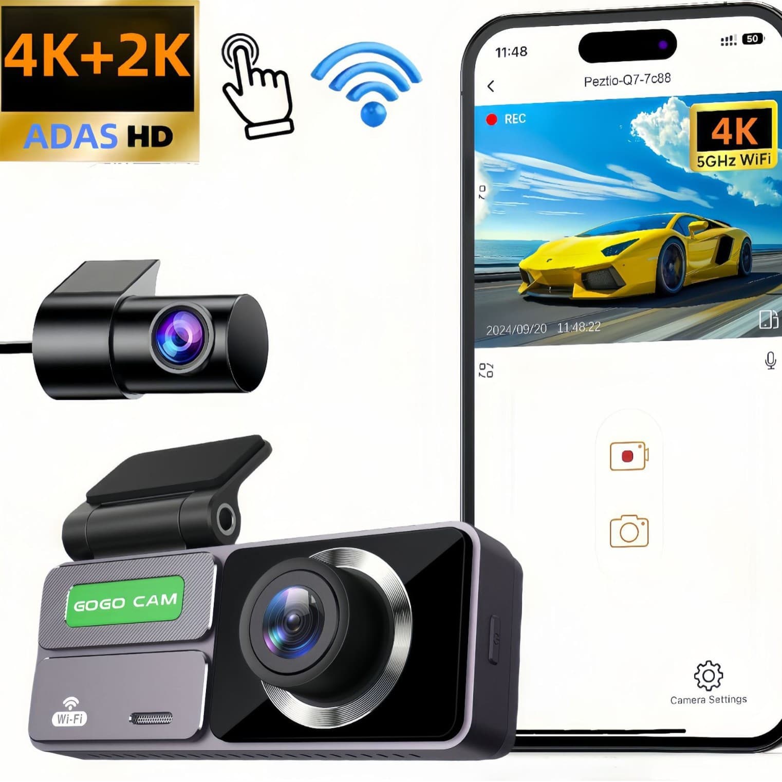 5G, WiFi, Dash Cam, 4K+2K. Dash Cam ADAS, 3" IPS Screen, 24H