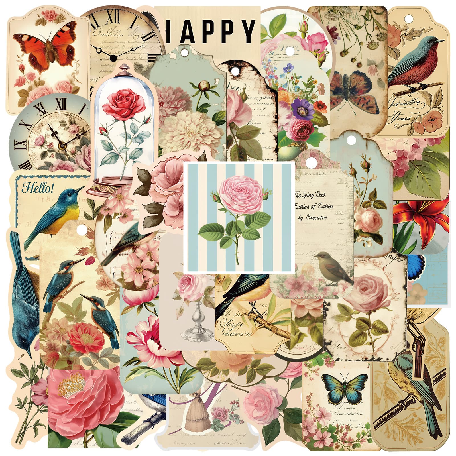 50 cross-border retro butterfly flower notebook stickers ins plant bird notebook collage material ins style
