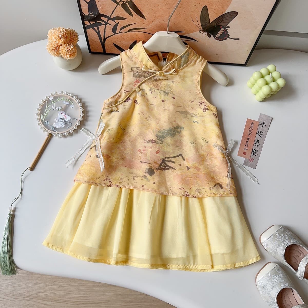 2026 Girls Summer Dress Chinese Style Printed Cheongsam Dress Little Girl New Chinese Style Vest Dress Cross-Border Shipping