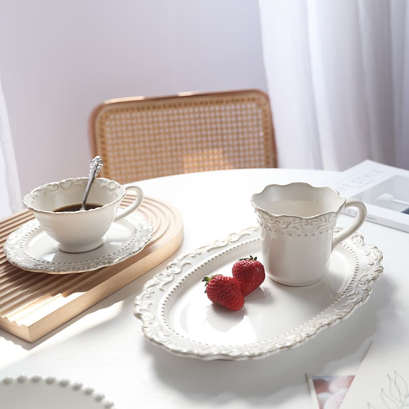 Vintage Ins French Baroque Coffee Cup and Saucer Set with Exquisite Relief Design, Ceramic Mug for Milk, Home Use