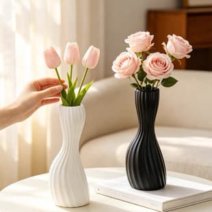 Nordic White Vertical Grain Vase Decoration, Artificial Ceramic-Look Plastic for Living Room, Suitable for Fresh and Dried Flowers, Hydroponic Use